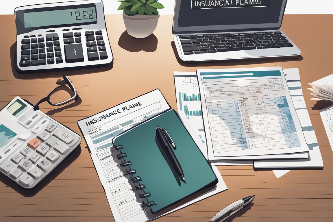 Close-up of a financial planner's desk with insurance forms, a calculator, and a laptop displaying financial charts, symbolizing the integration of insurance in financial planning.