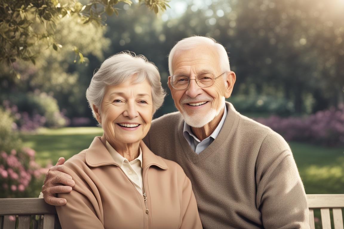 Smiling senior couple outdoors, representing security and peace of mind through life insurance for seniors.